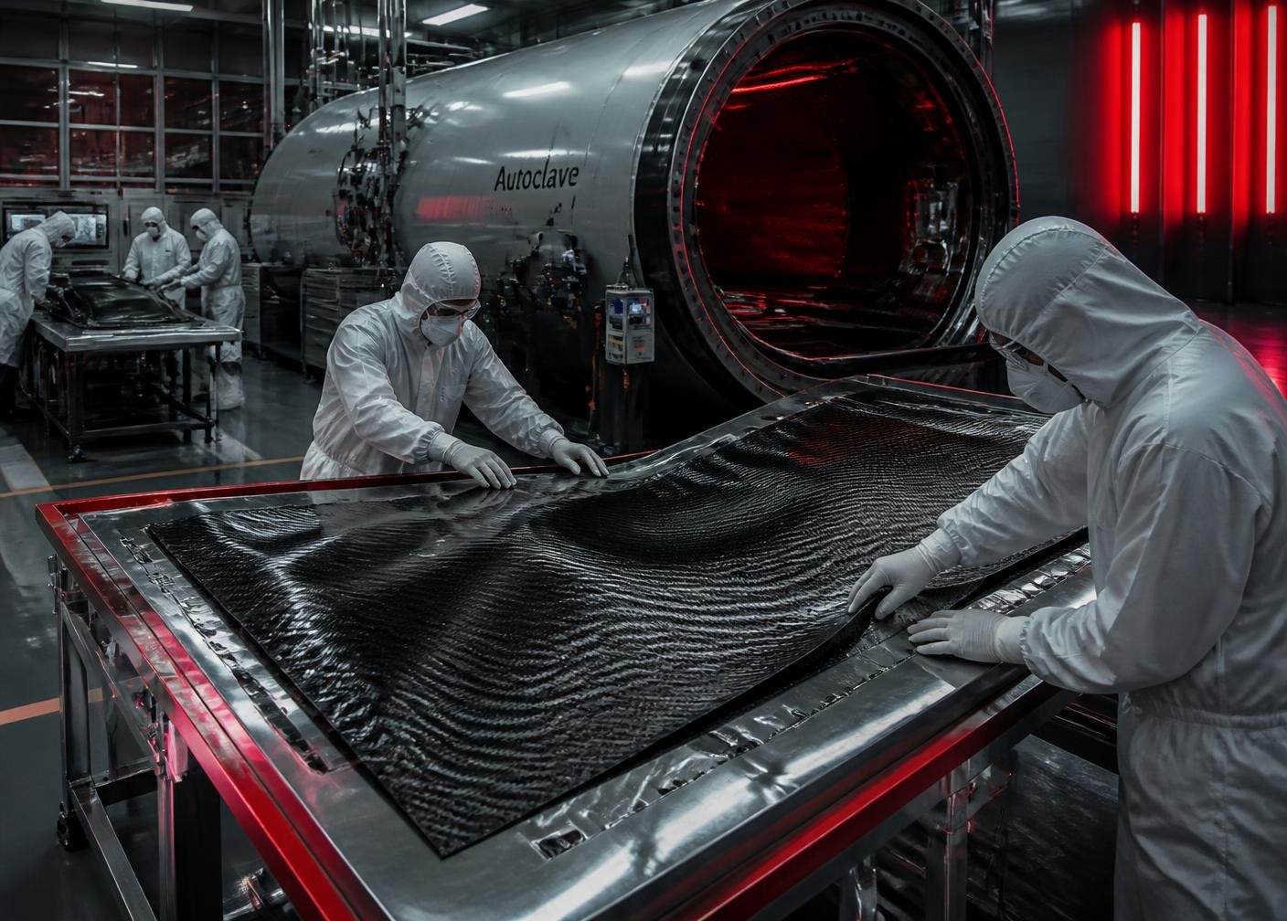 Technicians performing carbon fiber layup beside an autoclave