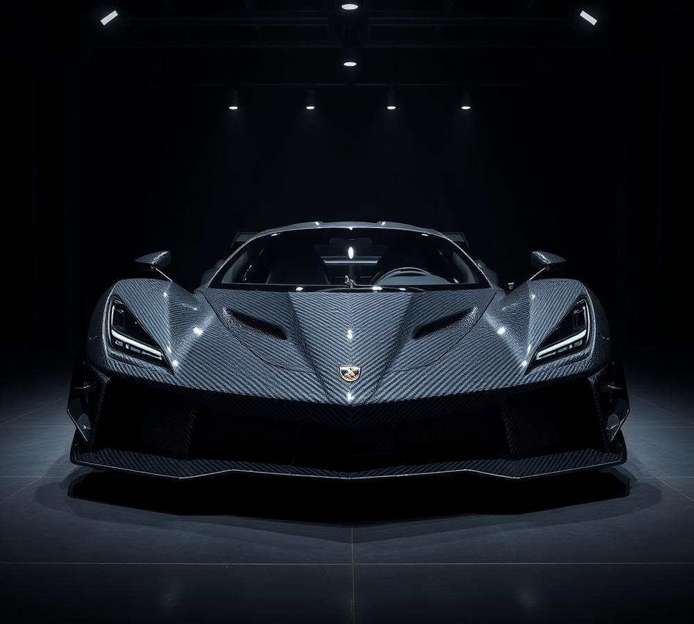 Full exposed carbon fiber hypercar body in a showroom