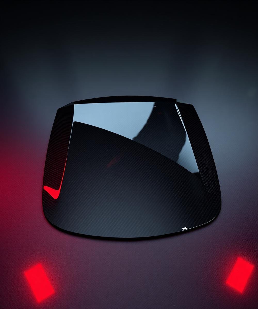 Glossy carbon fiber car hood in a dark studio
