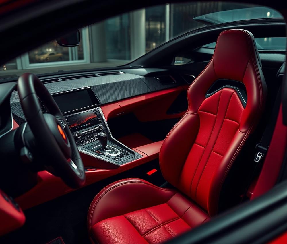 Luxury car interior with carbon fiber trim and red seats